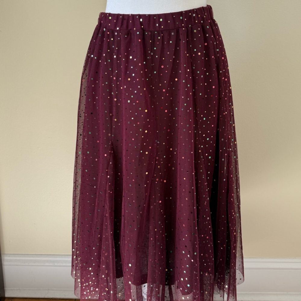 Anthropologie Red Sequin A-Line Midi Skirt Cocktail